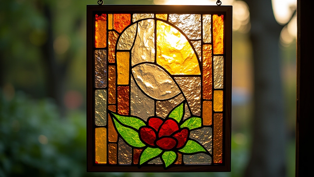Stained glass mosaic artwork with mixed glass textures and colors