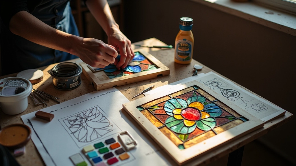 Custom stained glass panel in studio workspace with design sketches