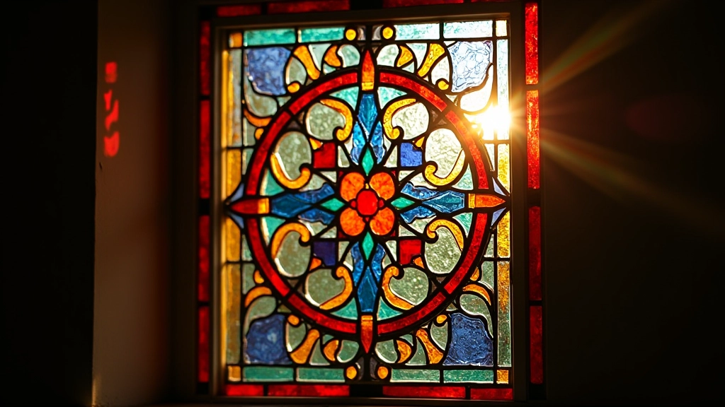 Vibrant stained glass panel with intricate pattern backlit by warm sunlight creating colored shadows