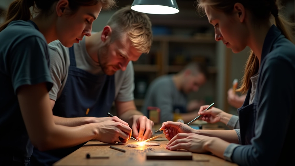 Workshop instructor demonstrating soldering technique to small group of students at work tables