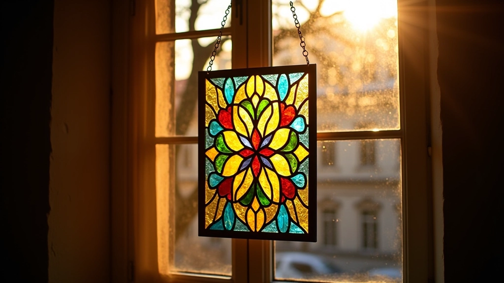 Completed stained glass panel displaying geometric pattern in warm sunlight