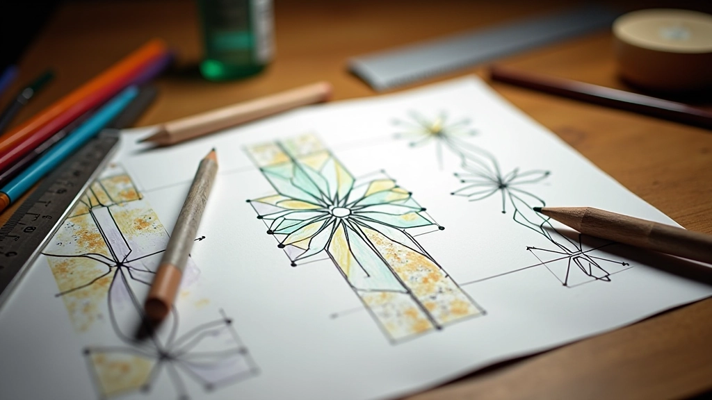 Stained glass pattern sketches and design inspiration laid out on wooden workbench with colored pencils