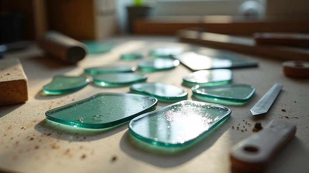 Cut glass pieces being smoothed with glass file and arranged on a work surface