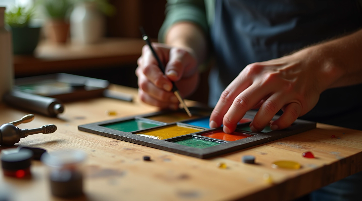 Hands working with colorful glass pieces on a crafting table with tools nearby