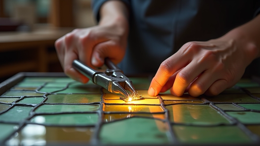 Hands holding running pliers positioned on scored glass, demonstrating proper technique for breaking glass pieces cleanly