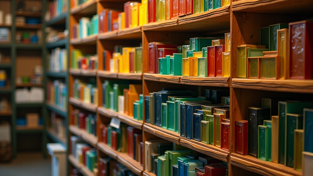 Array of different colored stained glass sheets displayed on shelves in craft studio