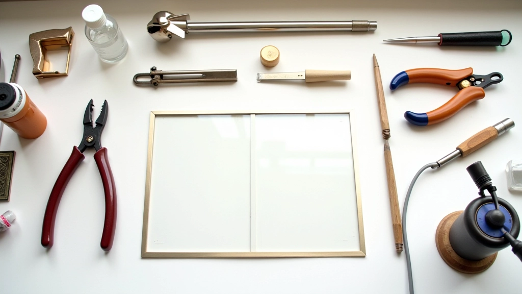 Workshop table with organized stained glass tools including cutting wheel, grozer, and copper foil