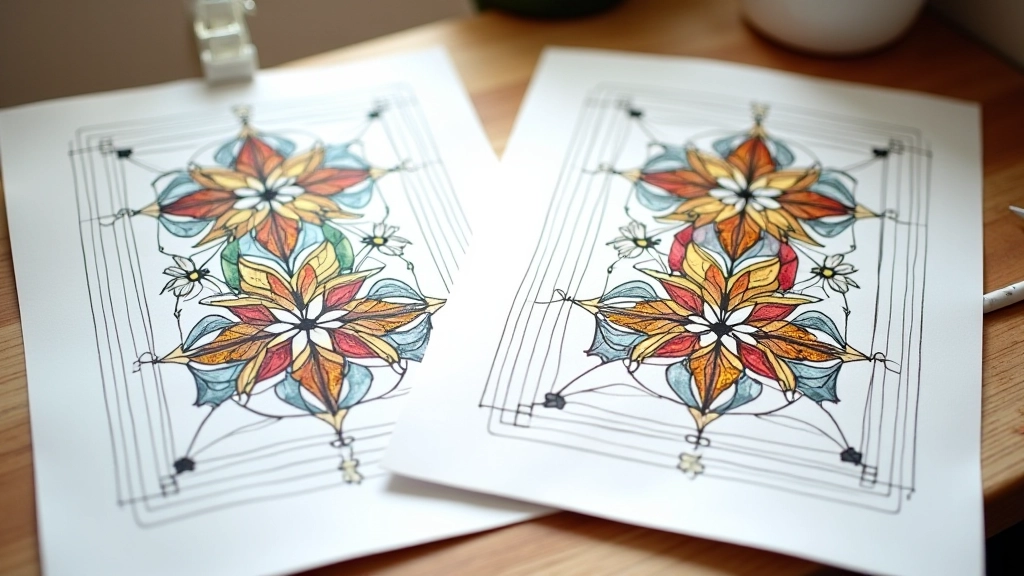 Two stained glass designs side by side showing original complex pattern and simplified beginner-friendly version