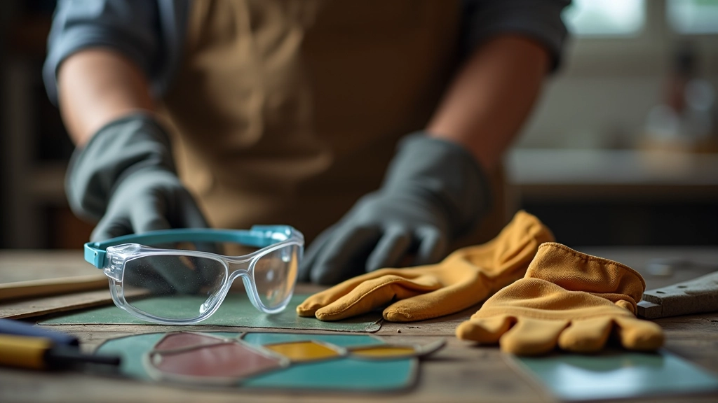 Safety equipment displayed including safety glasses, work gloves, and apron for stained glass protection