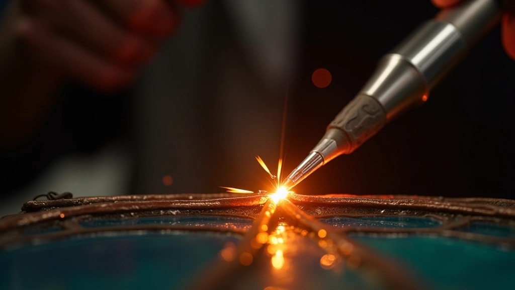 Soldering iron heating copper foil joints on a stained glass piece with flux container visible