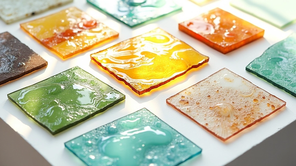 Variety of colorful stained glass sheets arranged by texture and color on a bright display table
