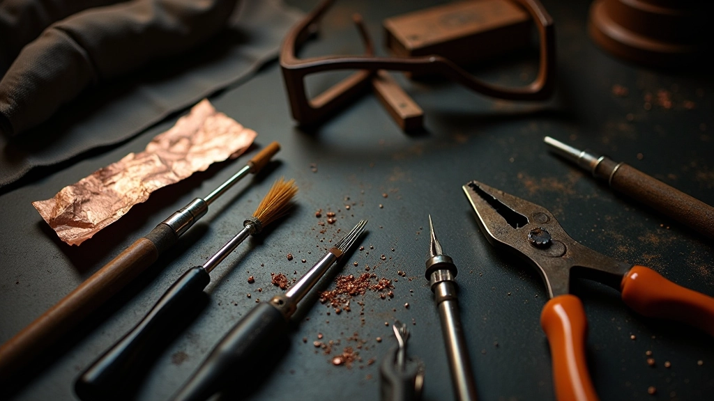 Close-up of essential stained glass tools laid out on work surface including glass cutter, running pliers, and soldering iron